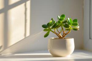 A miniature jade plant elegantly positioned in a ceramic pot on a white background. photo