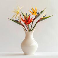 Contemporary ceramic vase shows a group of birds of paradise in bloom. photo