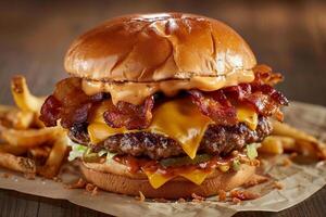 Burger with juicy beef, melted cheese and crispy bacon. photo