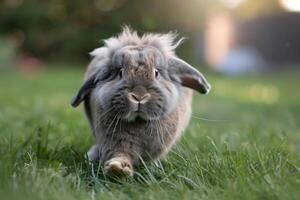 A cute Holland Lop bunny with fluffy cheeks photo