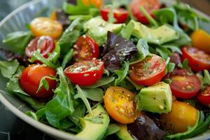 Colorful salad with fresh greens cherry tomatoes and avocado slices photo