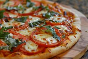 Margherita Pizza with Melted Mozzarella and Fresh Basil and ripe tomatoes photo