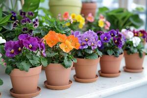 Group of colorful flowering plants in terracotta pots photo