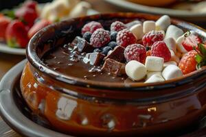 Rico chocolate fondue sabor foto