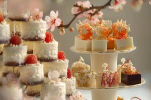 A tower of elegant and intricate petit fours with floral designs photo