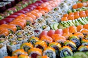 Colorful sushi rolls with fresh fish, avocado and cucumber photo