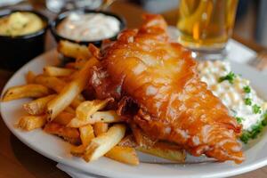 Crispy fish and chips and tartar sauce photo