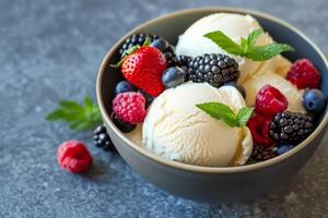 Vanilla ice cream with fresh berries on top. photo