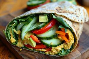 Colorful vegetable wraps stuffed with hummus, spinach, bell pepper, cucumber and sliced avocado. photo