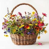 Rustic wicker basket filled with colorful wildflowers. photo