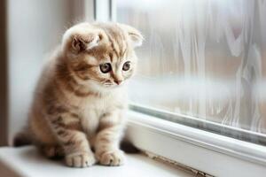 A fluffy Scottish Fold kitten perched on a windowsill, its ears folded neatly against its head as it gazes out at the world photo