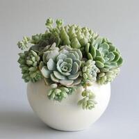 Contemporary ceramic vase showing a group of succulent sculptures. photo