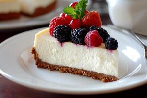 Delicious cheesecake slices with a graham cracker crust and fresh berries on top. photo