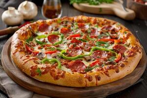 Pizza with melted cheese Pepperoni slices, bell peppers and mushrooms photo