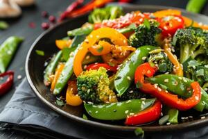 un plato de vistoso salteado vegetales foto