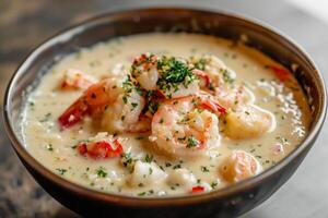 cuenco de cremoso Mariscos sopa con langosta y camarón foto