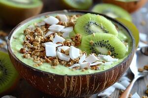 Coconut smoothie bowl topped with granola photo