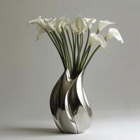 Stylish metal vase holding a bouquet of lilies. photo