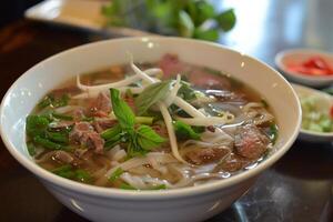 Pho with fragrant broth, rice noodles and tender beef pieces photo