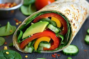 Colorful vegetable wraps stuffed with hummus, spinach, bell pepper, cucumber and sliced avocado. photo