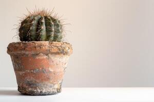 A small cactus sits in a rustic terracotta pot. photo