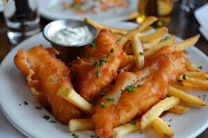 crujiente pescado y papas fritas y sarro salsa foto