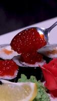 Gravetos levar Sushi dentro restaurante luzes fundo. variedade do tipos Sushi com vermelho caviar, peixe, Filadélfia queijo e pauzinhos fechar-se. conjunto do delicioso japonês Sushi rolos em uma pedra borda video