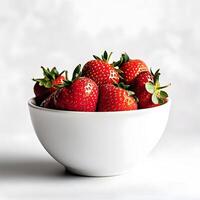 Fresh red strawberry in white bowl photo