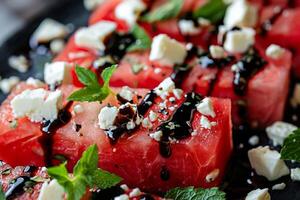 un refrescante sandía ensalada con queso feta queso, menta y un balsámico vidriar. foto