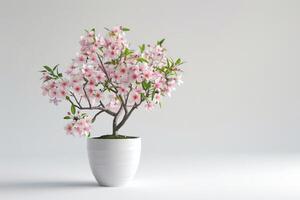 A cherry tree in full bloom planted in an elegant porcelain pot. photo