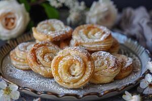 A plate of delicate and flaky palmiers dusted with powdered sugar photo