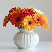 A retro-inspired ceramic vase holds a cluster of vibrant gerbera flowers. photo