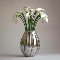 Stylish metal vase holding a bouquet of lilies. photo