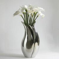 Stylish metal vase holding a bouquet of lilies. photo