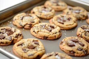Tray of freshly baked chocolate chip cookies photo