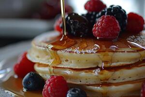 Fluffy pancakes drizzled with maple syrup and topped with fresh berries. photo