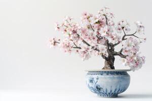 Cherry blossom tree in an elegant ceramic pot photo