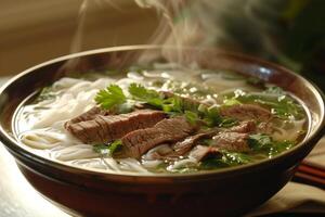 Pho with fragrant broth, rice noodles and tender beef pieces photo