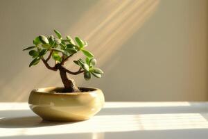 un miniatura jade planta esmeradamente posicionado en un cerámico maceta en un blanco antecedentes. foto