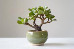 un miniatura jade planta esmeradamente posicionado en un cerámico maceta en un blanco antecedentes. foto