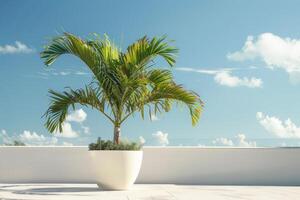Stunning potted palm trees stand against the backdrop of a clear blue sky. photo