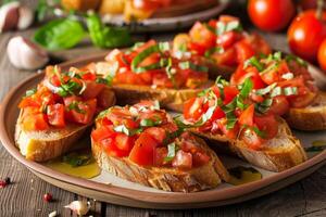 Bruschetta coronado con cortado en cubitos Tomates foto