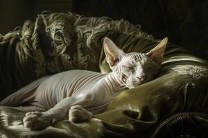 A sleek and graceful Sphynx cat reclining on a plush velvet cushion, its warm skin glowing in the soft light photo