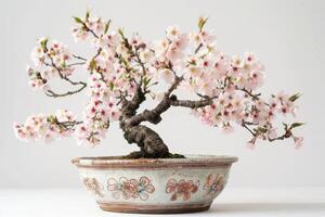 Cherry blossom trees in full bloom are planted in ornate ceramic pots. photo