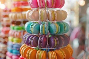 Tower of colorful macarons photo