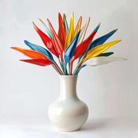 Contemporary ceramic vase shows a group of birds of paradise in bloom. photo