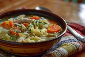 A bowl of chicken soup with vegetables and tender chicken. photo