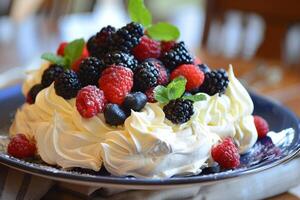 Pavlova with whipped cream and fresh berries photo