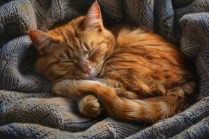 A contented ginger cat curled up on a cozy blanket, its eyes drooping with sleepy contentment photo