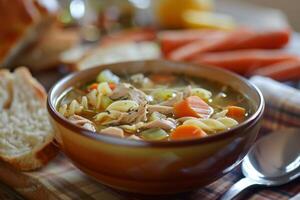 A bowl of chicken soup with vegetables and tender chicken. photo